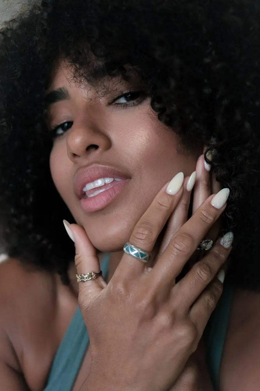 Milky almond nails, close portrait